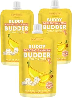 BUDDY BUDDER Barkin Banana Peanut Butter for Dogs, 3 Pack, 4 oz Squeeze Packs