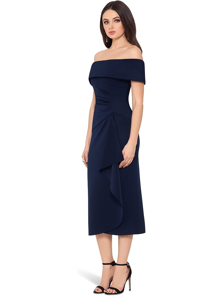 XSCAPE Scuba Crepe Over-the-Shoulder Side Ruched Dress