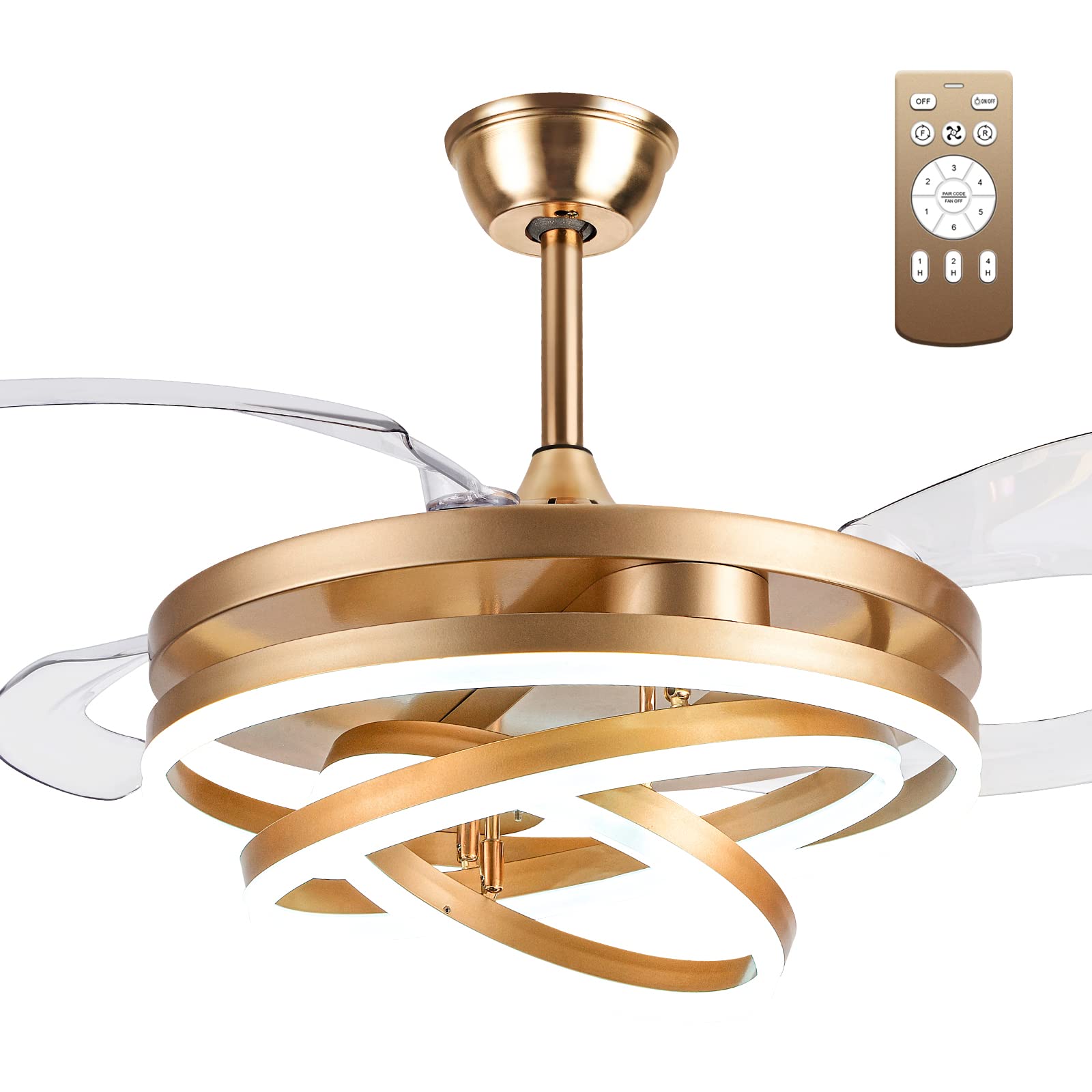 Photo 1 of Minfeng Modern LED Ceiling Fan Light 42 Inch Semi Flush Chandelier,Retractable Ceiling Fan 3 Color 6 Speed Smart Pendant Light for Indoor Bedroom,Dining Room etc,Gold 42 Inch A3