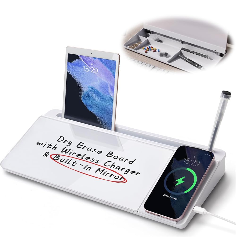 Azonee Desktop Glass Whiteboard, Desk Organizer with Wireless Charger, and, Dry Erase Board Computer Pad Keyboard Stand for Home, School, Office Desk Accessories, White