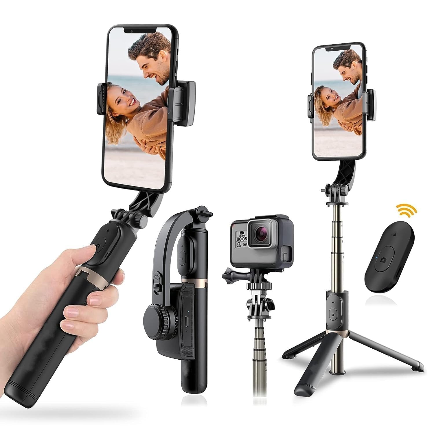 HOLD UP 1-Axis Handheld Gimbal Stabilizer for Smartphone with Extendable Bluetooth Selfie Stick and Tripod, Multifunction Remote 360 Degree Automatic Rotation, for iPhone/Android