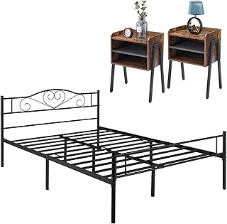 VECELO Metal Bed Frame and Nightstand Set, Mattress Foundation with 2 Stackable end Table, NO Boxing Spring Needed, Heavy ...