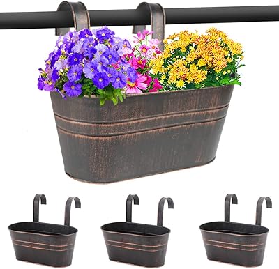 Sporgard Metal Hanging Flower Pots for Railing Fence, Galvanized Steel Hanging Bucket Pots, Countryside Style Window Plant Holder with Detachable Hooks, Home Decoration Flower Holders (Black, 3)