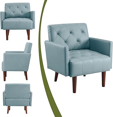 RXRRXY Faux Leather Accent Chair Modern PU Armchair, Retro Tufted Upholstered Arm Chair, Comfy Leather Club Chair Single Sofa for Living Room, Bedroom, Reading Room, Apartment (Blue)