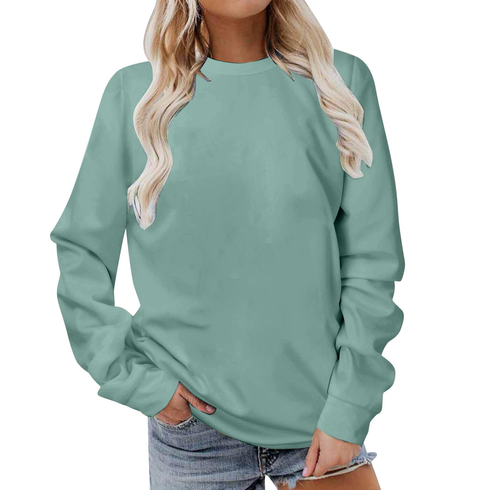 GenericWomen Long Sleeve Sweatshirt 2023 Solid Plain Crewneck Pullover Shirts Loose Fit Casual Classic Blouses Fall Fashion Tee Tops