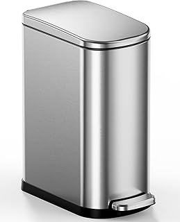 CEROELDA Silver Bathroom Trash Can with Lid-10L/2.6 Gallon Stainless Steel Step Slim Garbage Can-Rectangle Pedal Trash Bin...