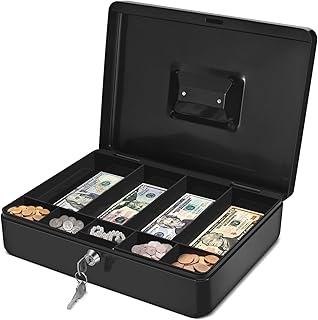 Flexzion Cash Box with Money Tray and Lock - Metal Cash Box for Small Businesses, 9-Compartment Black Money Box with Lock ...