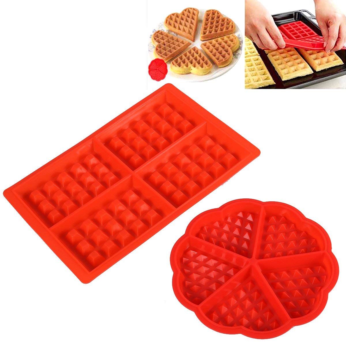 RKPM HOMES Silicone Waffle Mold 2 Pcs Set Cake Cookie Muffin Chocolate Bake Ware Baking Tool, Red (Heart Shape + Square Shape)