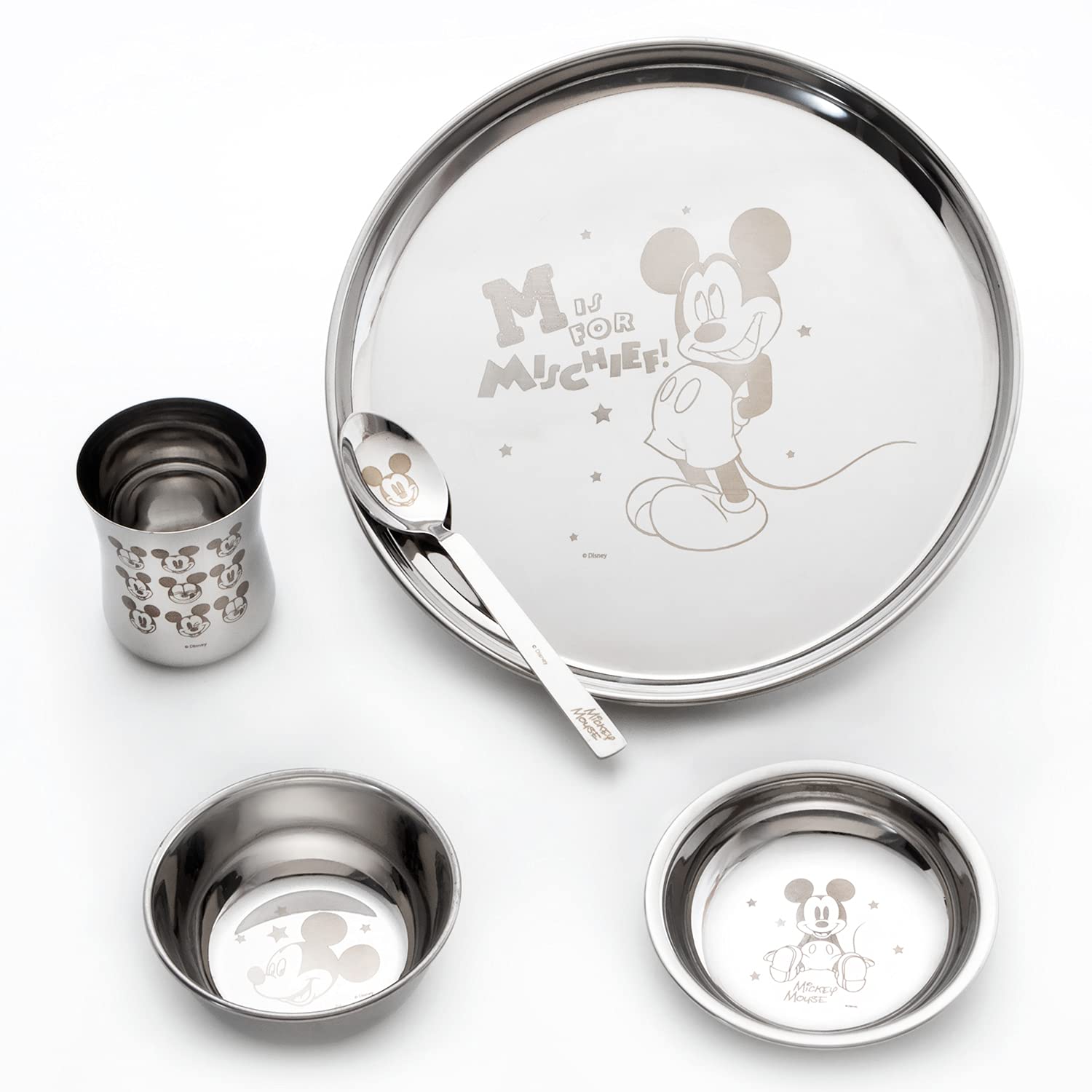 Ramson Lazer Printed Mickey Design Super Meal Stainless Steel Dinner Set Gift with Spoon, Bowls & Glass for Kids - ( Set of 5 pcs)