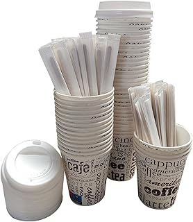 100 Vasos Desechables Café de Papel Cartón de 200 ml con 100 tapas, Vasos Resistentes y Elegantes para Bebidas Calientes o...