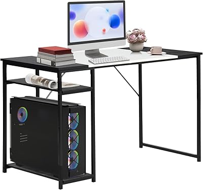 FurnitureR 55 inch Study Writing Table with Storage Shelves Space Saving for Home Office, Modern Simple Style PC Metal Frame Computer Desk, Black&White