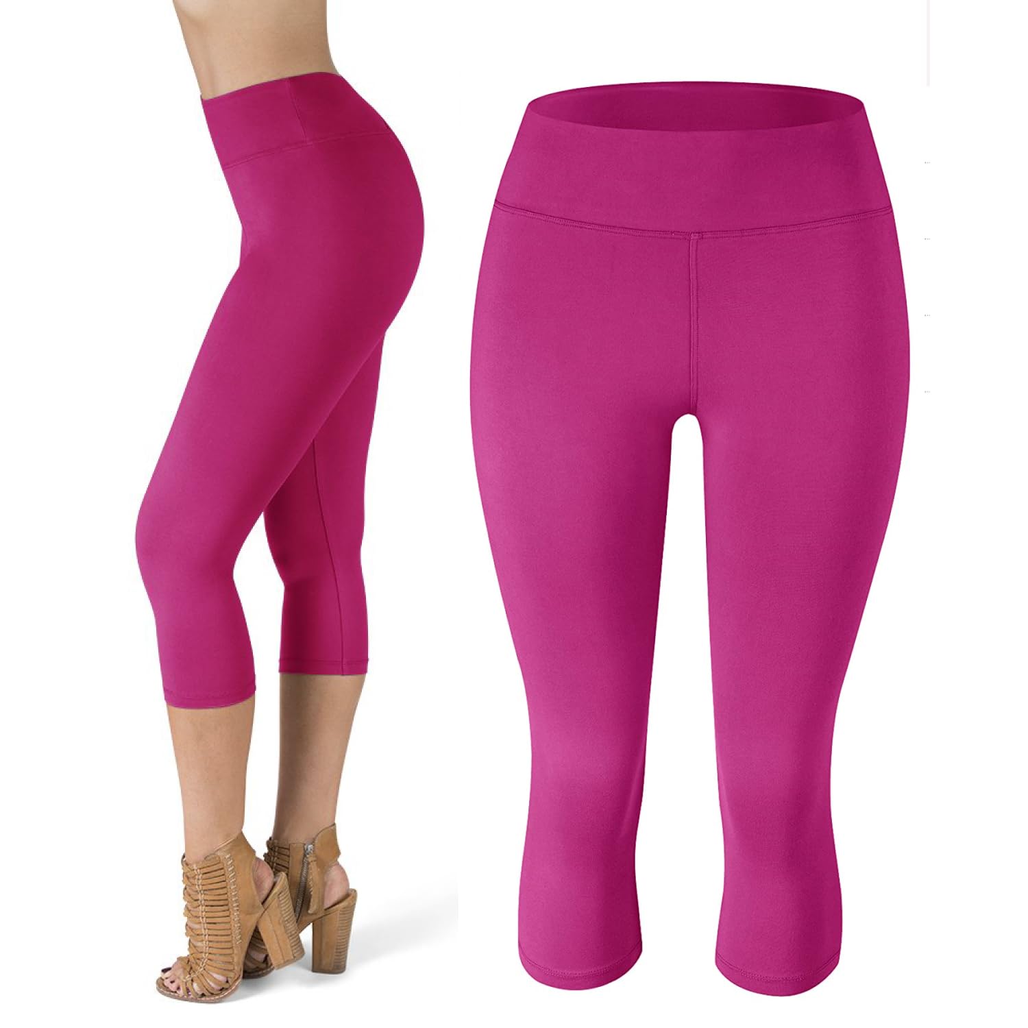 SATINA High Waisted Capri Leggings for Women - Capri Leggings for Women - High Waist for Tummy Control - Fuchsia Capri Leggings for -3 Inch Waistband (One Size, Fuchsia)