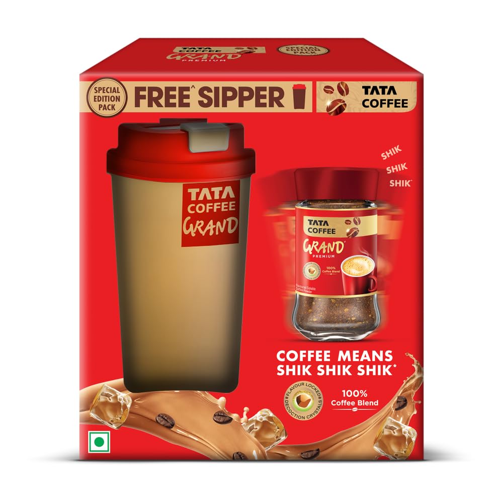 Tata Coffee Grand Premium Instant Coffee, Special Edition Pack, 45 Grams, With Flavour Locked Decoction Crystals, Jar with Free Sipper