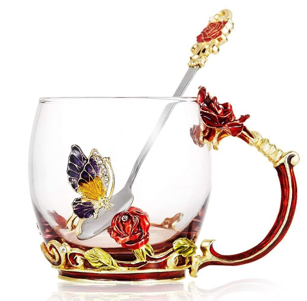 Tea Cup Coffee Mug Cups Clear Glass and Spoon Handmade Butterfly Rose