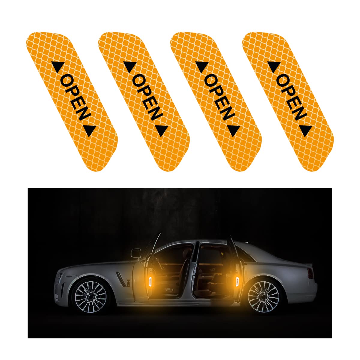 4PCS Car Door Open Warning Reflective Stickers, Night Visibility Auto Safety Prompt Decals, 3.6 x 0.9 Inch Anti-Collision Protective Strip, Car Accessories Universal for Truck, SUV, Van (Yellow)