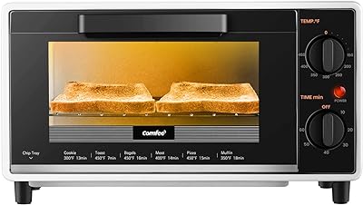 COMFEE' Mini 2-Slice Toaster Oven, Countertop toaster oven, 2-Knobs Easy to Control with Timer for Bake, Broil, Toast, 1000W, Black/White (CO-B08AA(BK))