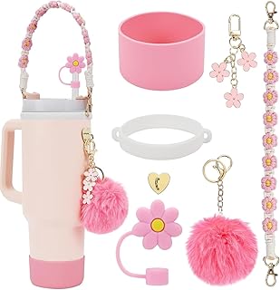 LCHYI 6 Pcs Stanley Cup Accessories Set, Includes Water Bottle Handle Strap, Stanley Cup Straw Lid, Stanley Cup Sheath, Stanley Cup Charm For Stanley Cup 40 Oz And 30 Oz Stanley Tumbler (Pink)