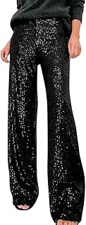 ODIZLI Womens Wide Leg Sparkle Sequin Pants Elastic High Waisted Bling Glitter Dance Pants