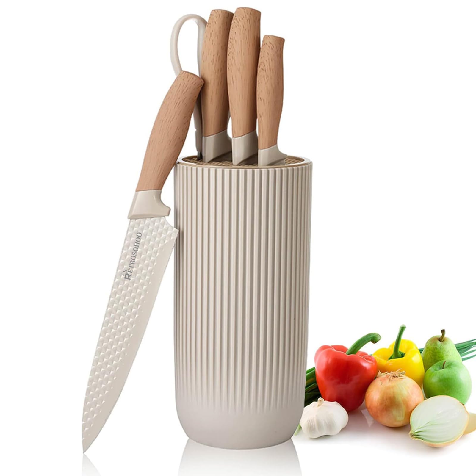 Kitchen Knife Set, Retrosohoo 6-Pieces Khaki Sharp Knife Set for Kitchen, Non-stick Non-slip Stainless Steel Chef Knife Set with Universal Knife Block Suitable for Home Restaurant (Khaki)