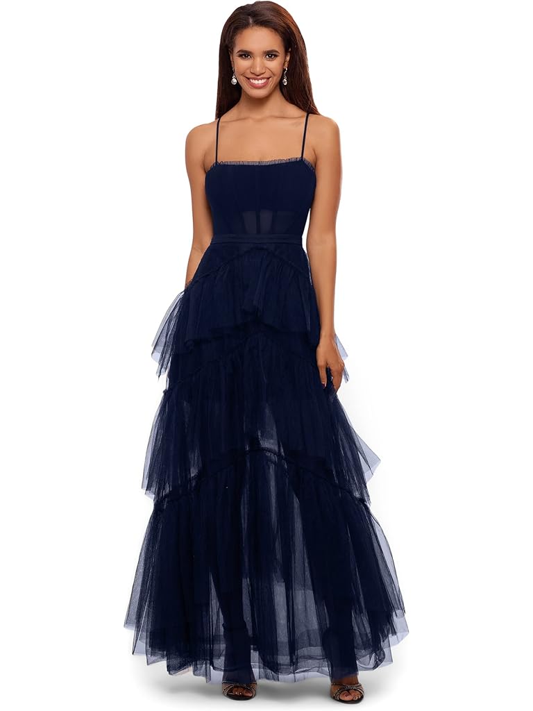 Betsy & Adam Long Corset Tiered Mesh Illusion Gown