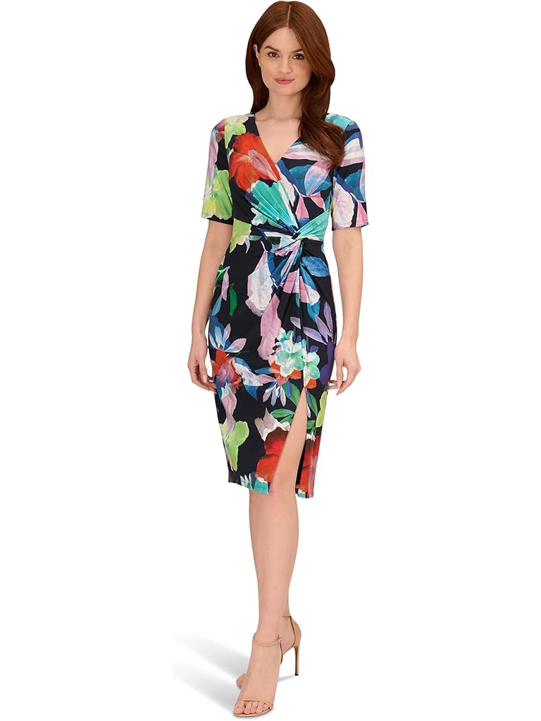 Adrianna Papell Printed Stretch Crepe Chiffon Short Sleeve Side Wrap Dress