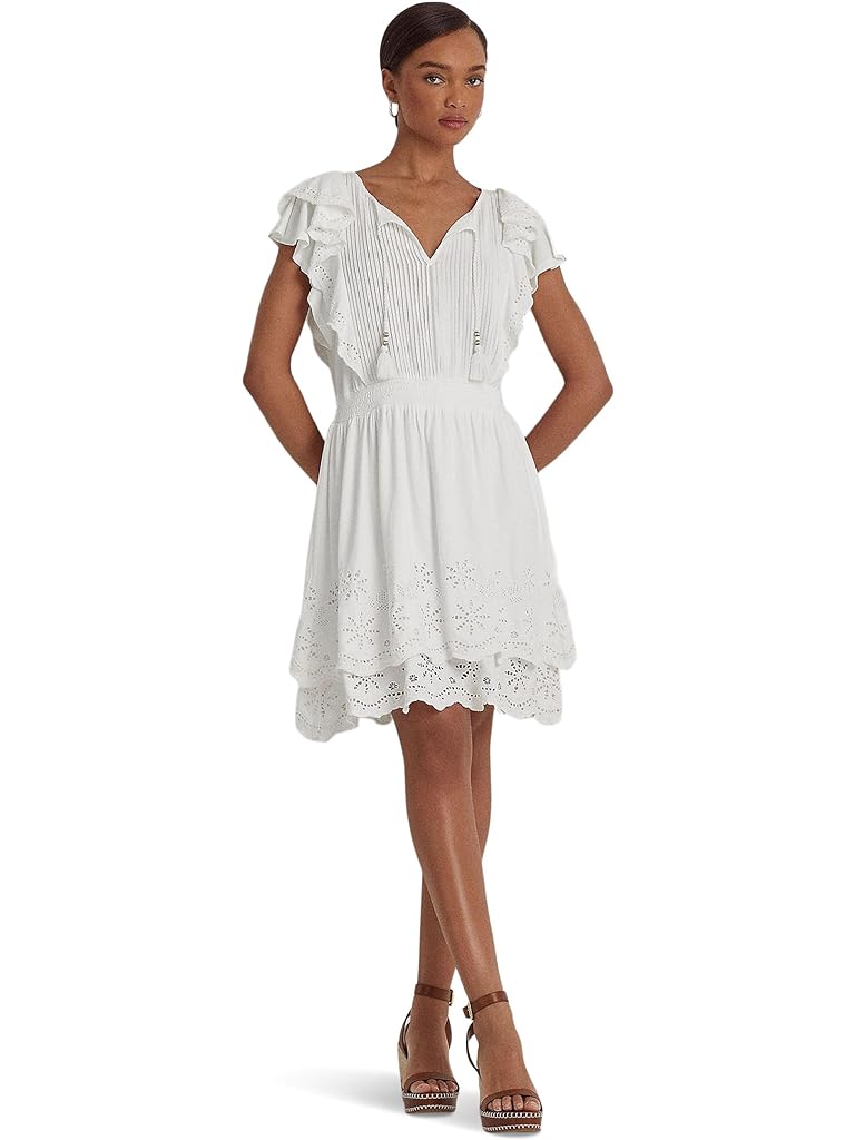 Lauren Ralph Lauren Petite Eyelet-Embroidered Jersey Tie Neck Dress