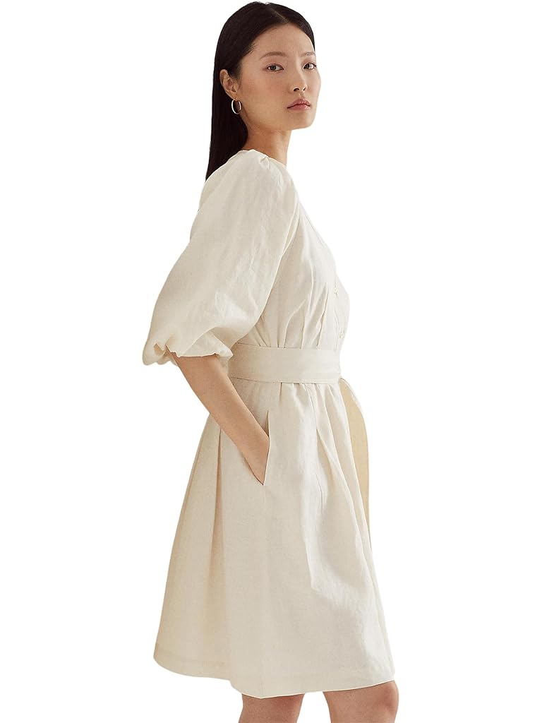 Lauren Ralph Lauren Belted Linen Bubble-Sleeve Dress