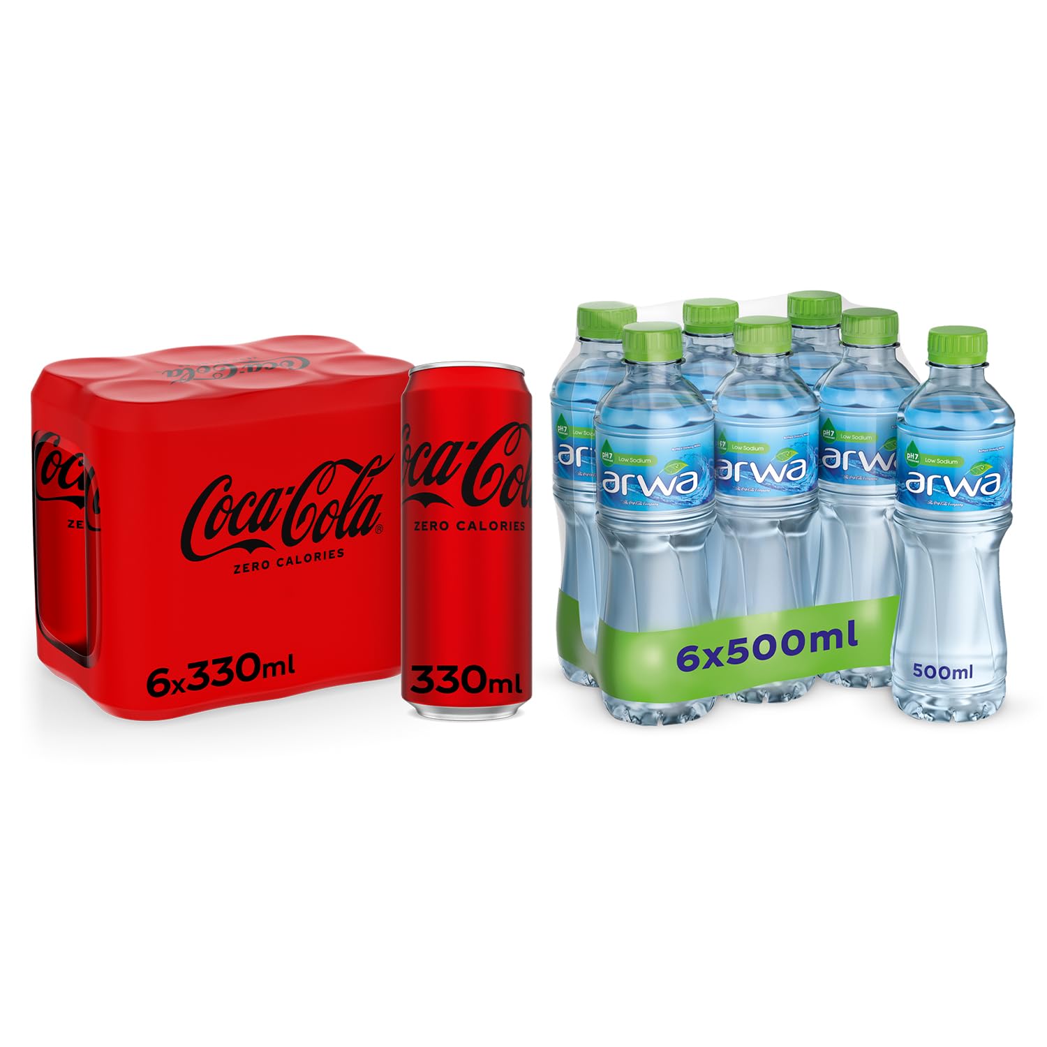 Coca-Cola Zero Soft Drink In Can, 330 Ml (Pack Of 6) + Arwa Drinking Water, 500 Ml (Pack Of 6)