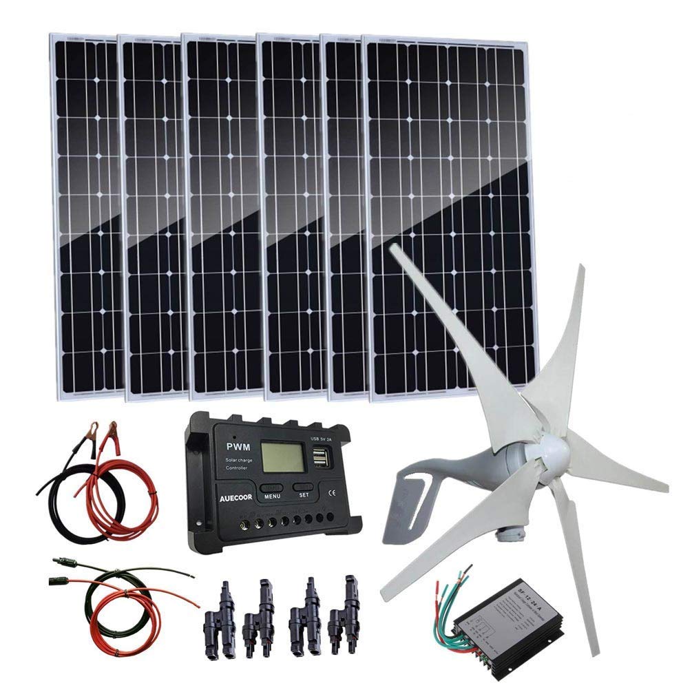 AUECOOR 1000 Watts Solar Panel Wind Turbine Off Grid 24V Battery Charging Kit for Home Cabin Garage Garden Farm Factory