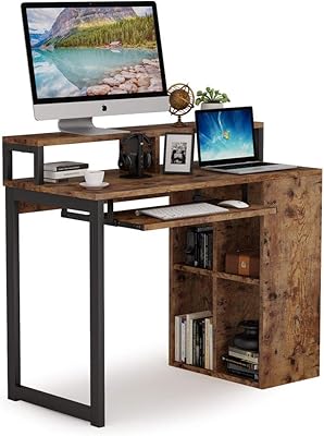 Tribesigns Computer Desk with Push-Pull Keyboard Tray and Shelves, Large Study Writing Desk Workstation with Monitor Stand for Home Office, Retro, Black and Brown