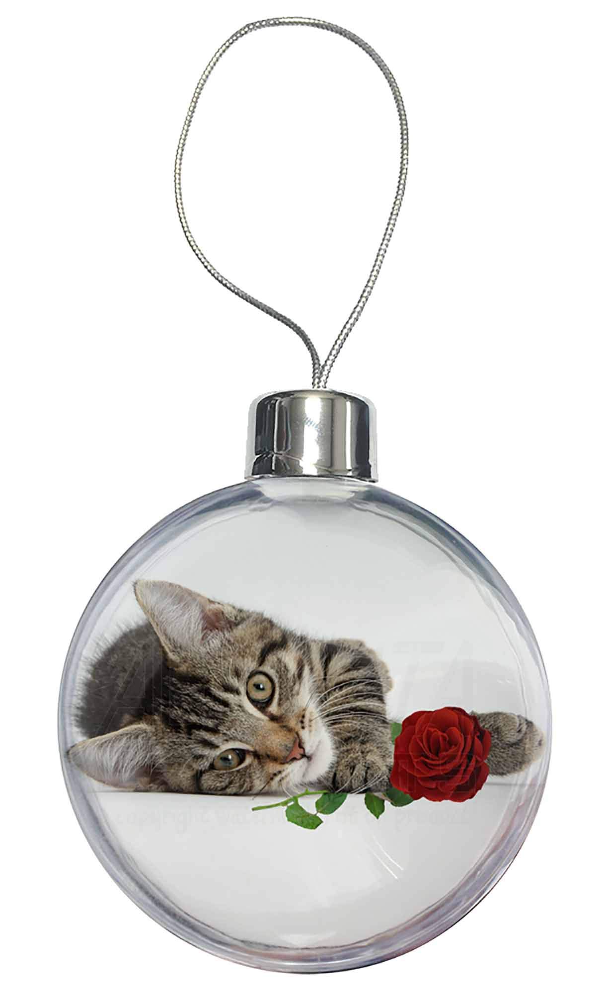 Advanta Group Tabby Kitten Cat with Red Rose Christmas Tree Bauble Decoration Gift