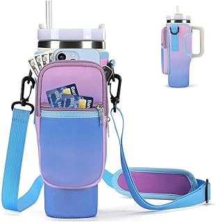 HASTHIP® Water Bottle Carrier Bag for Stanley 40/30 oz Tumbler with Phone Pocket Water Bottle Holder with Strap Neoprene Water Bottle Pouch for Stanley Cup Accessories (Gradient Purple)