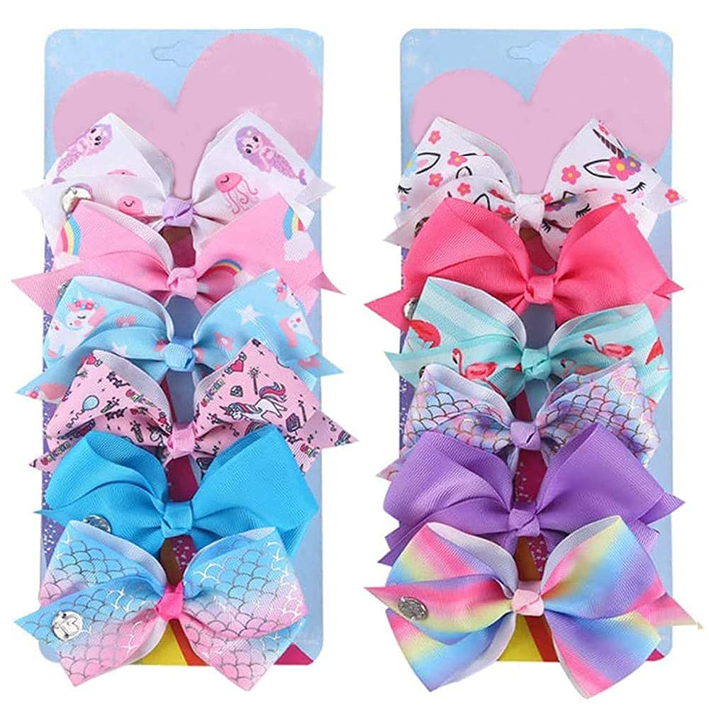 Girls Hair Bows, ELECDON 5 Inch Rainbow Unicorn Grosgrain Ribbon Bows for girls, Alligator Hair Clips Hair Barrettes Accessories for Toddlers Teens Children Kids Gifts 12 Pcs