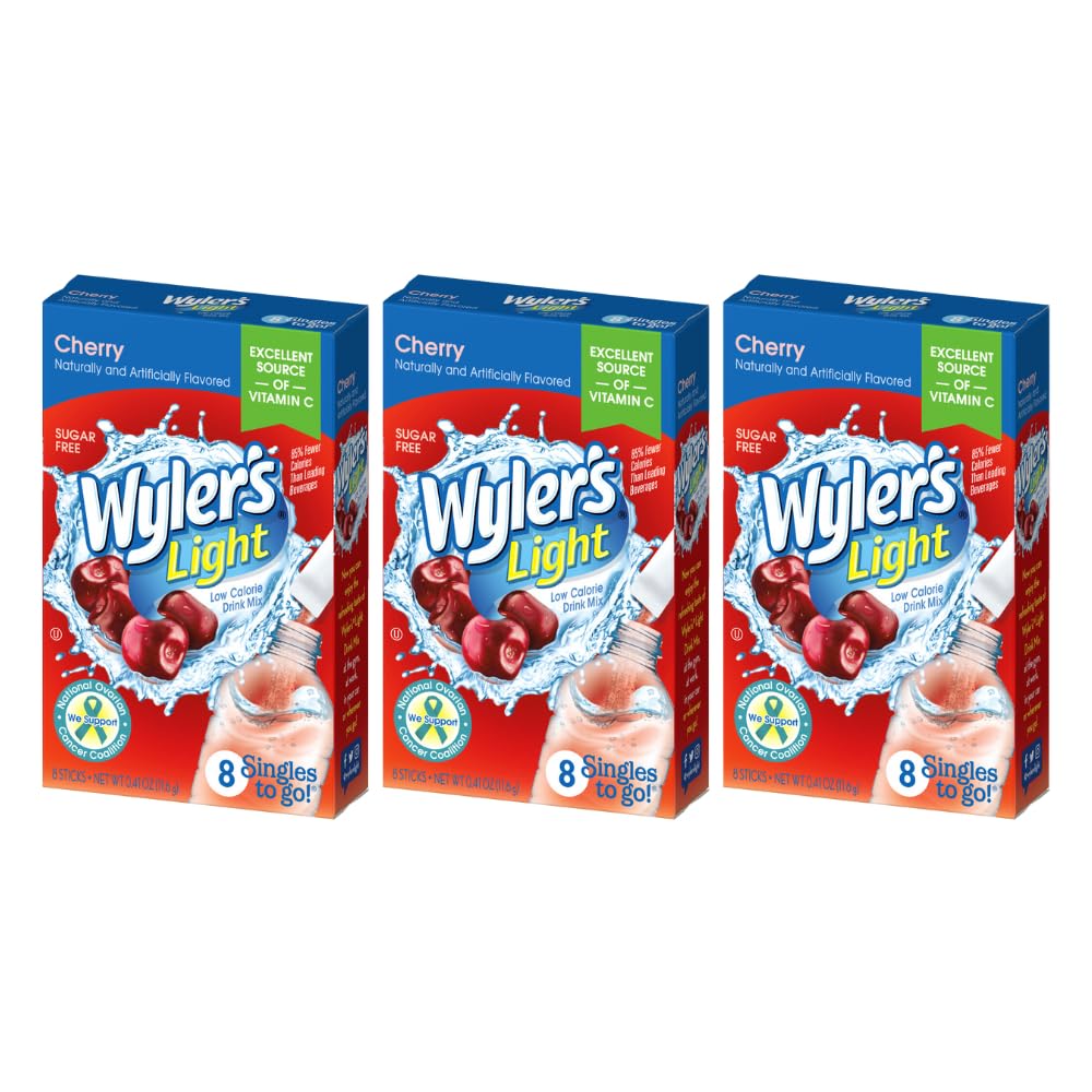 Wyler's LightSingles To Go Powder Packets, Water Drink Mix, Cherry, 8 Packets per Box, 24 total Packets (Pack of 3)