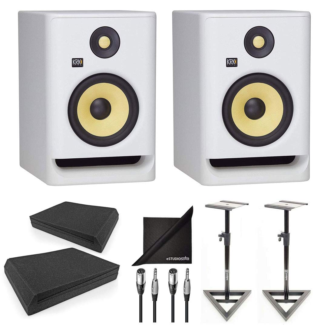 KRK ROKIT RP7G4WN G4 7" Bi-Amped Studio Monitor DSP Speaker White w/AxcessAbles Speaker Stands, Isolation Pads, Audio Cables and eStudioStar Polishing Cloth