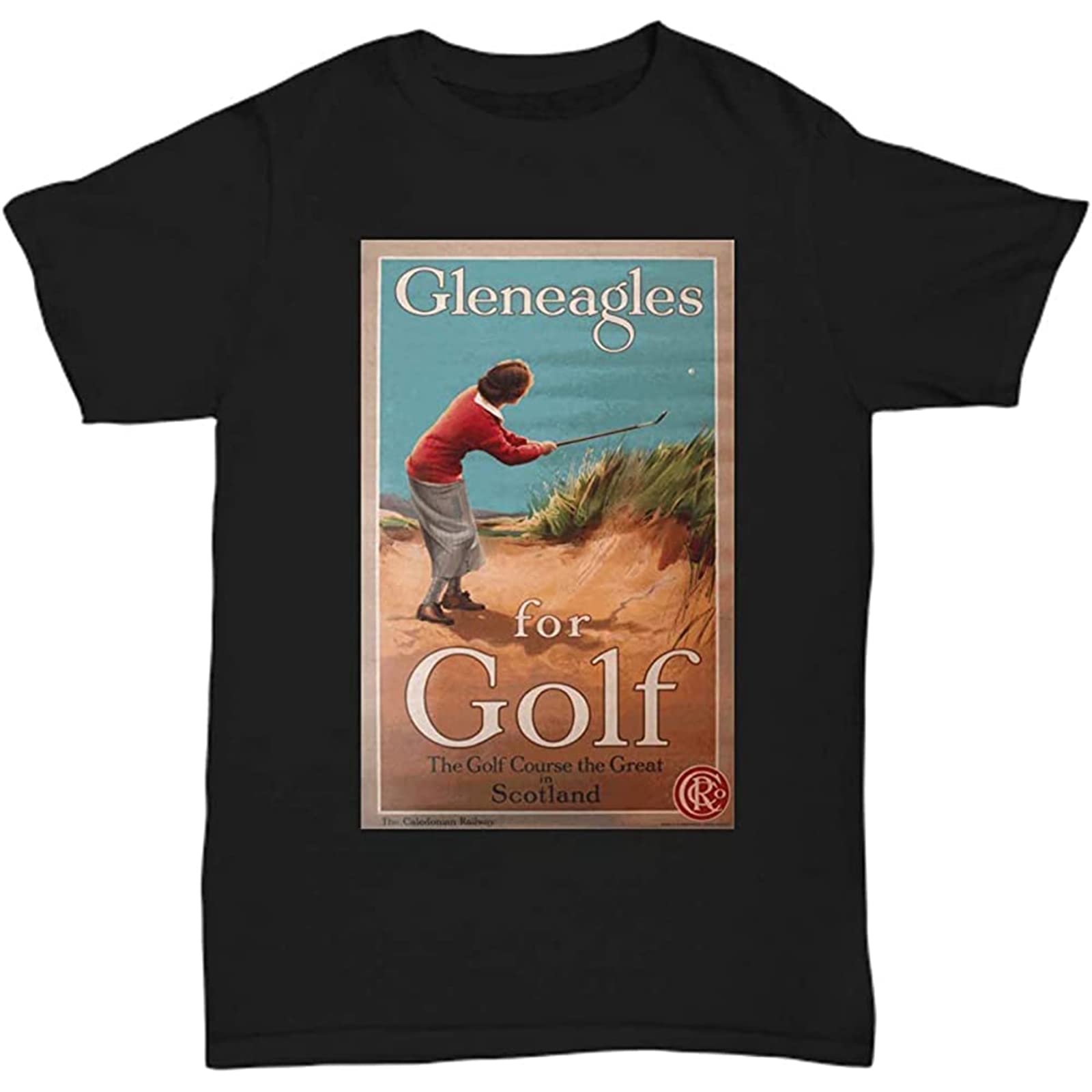 Men's T-Shirt Uniquely Vintage Travel Poster - Golf at Gleneagles Scotland (Lady Golfer)