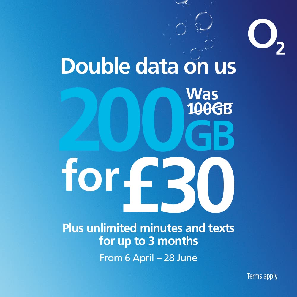 O2 100GB Data Sim includes £30 top up, 100GB Data, Unlimited Calls & Unlimited Texts +500 international minutes to 29 countries