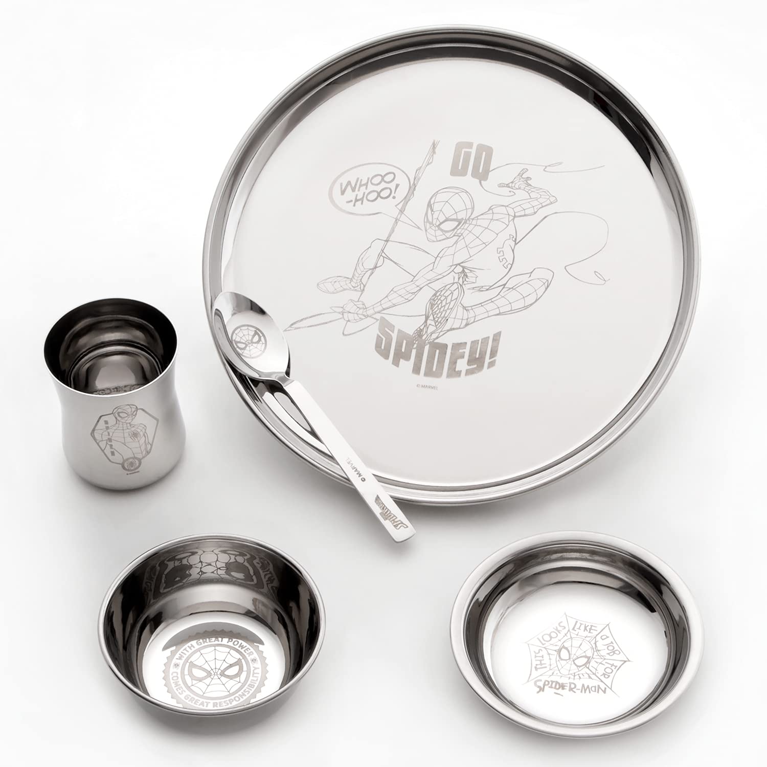 Ramson Lazer Printed Spiderman Design Super Meal Stainless Steel Dinner Set Gift with Spoon, Bowls & Glass for Kids - ( Set of 5 pcs)