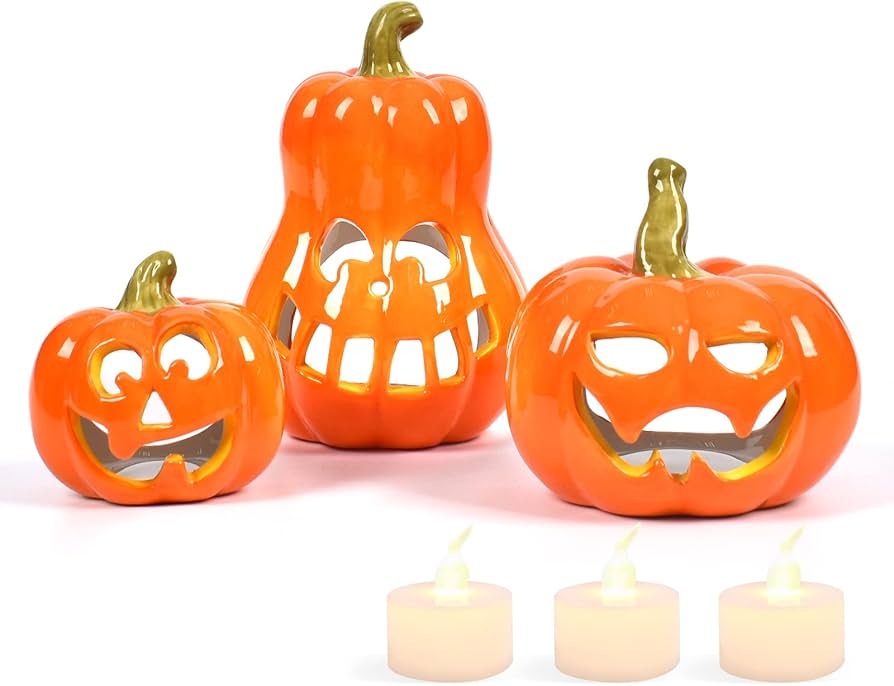 Amazon.com: Sunlit Ceramic Pumpkin with 3 Tea Lights, Jack-O ...