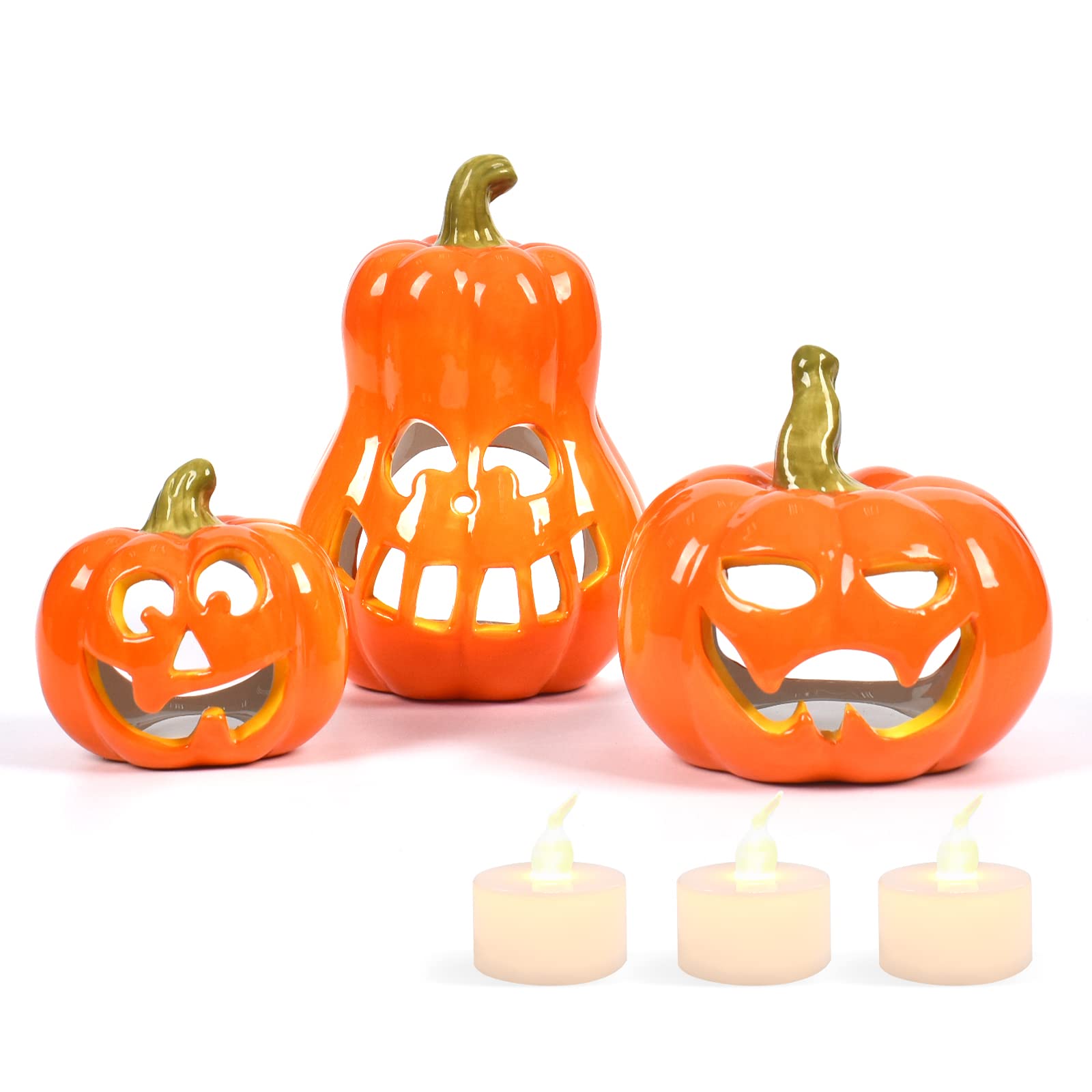 Amazon.com: Sunlit Ceramic Pumpkin with 3 Tea Lights, Jack-O ...