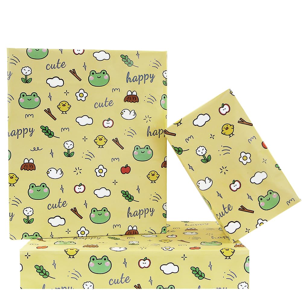 Geluode Frog Wrapping Paper for Kids Boys Girls, 4 Folded Sheets Cute Frogs Chick Daisy Flower Apple Design Yellow Wrapping Paper for Birthday Baby Shower - 20x28 Inches