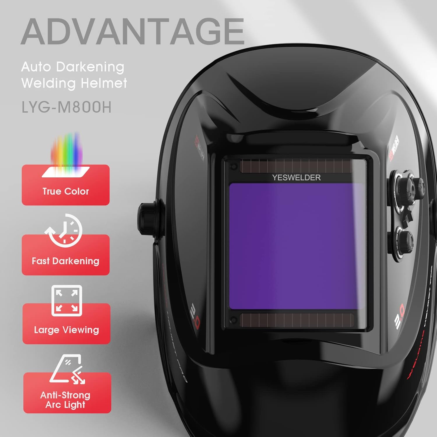 YESWELDER Large Viewing Screen 3.94"X3.66" True Color Solar Power Auto Darkening Welding Helmet, 4 Arc Sensor Wide Shade 4~5/9-9/13 for TIG MIG Arc Weld Grinding Welder Mask LYG-M800H 