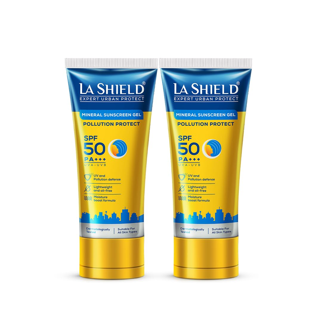 La ShieldPollution Protect SPF 50 Mineral Sunscreen Gel | PA+++ | Lightweight & Oil free | Moisture boost formula | Water resistant| All Skin types |Dermatologist Tested | 50g | Pack of 2