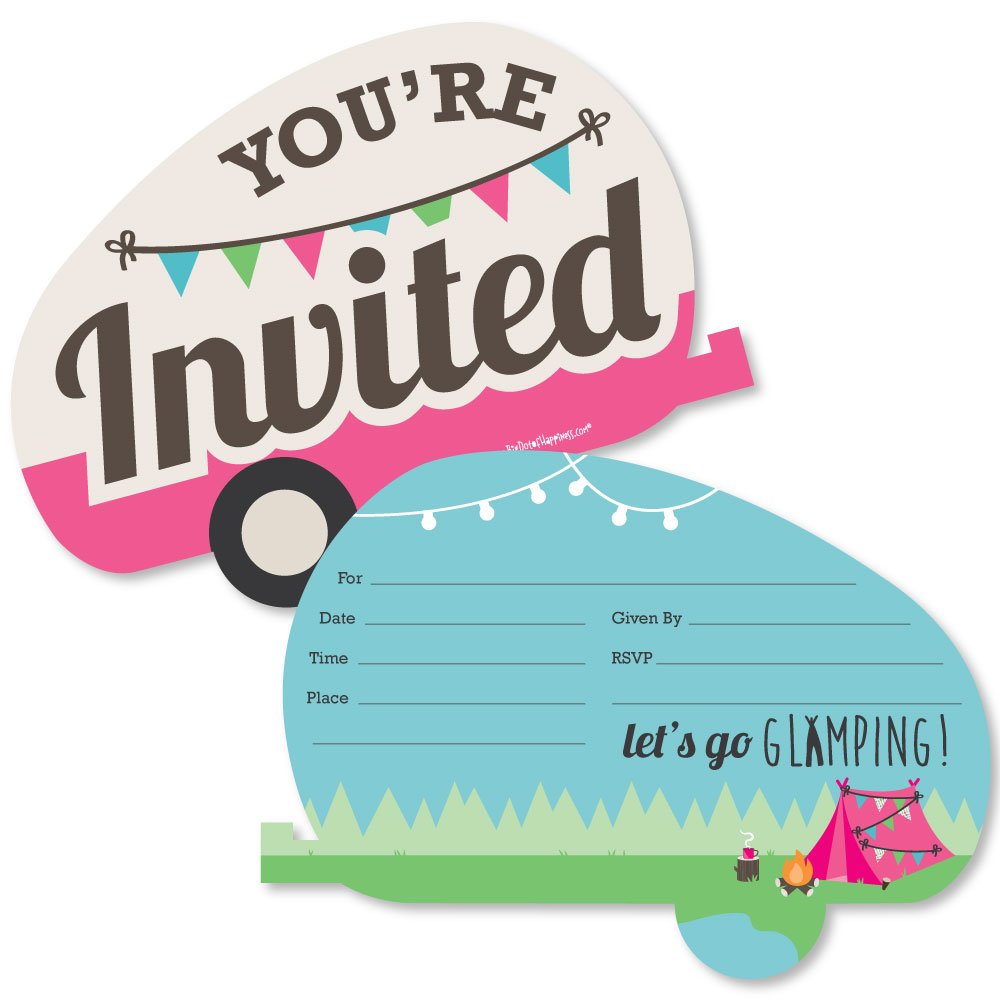 Let's Go Glamping - Shaped Fill-in Invitations - Camp Glamp Party or Birthday Party Invitation Cards with Envelopes - Set of 12