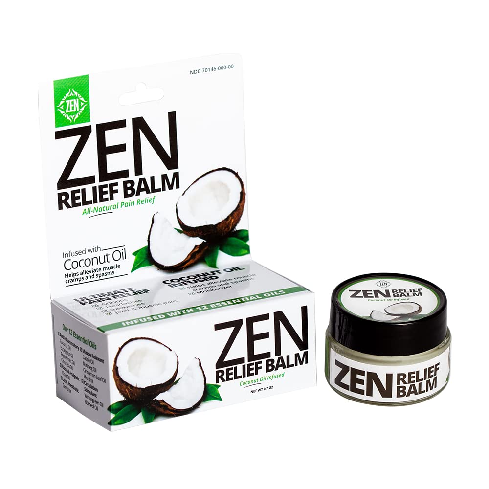 Zen Relief Balm® with Coconut Oil & 11 Essential Oils- Relieves Muscle Pain, Spasms, Cramps, Headaches and Backache, Moisturizing, (0.7 oz)