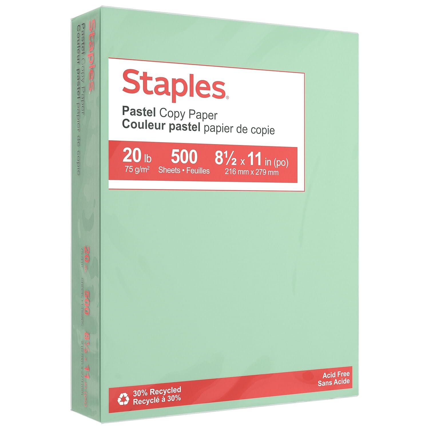 Staples Pastel 30% Recycled Color Copy Paper, 20 lbs., 8.5" x 11", Green, 500/Ream (14781)