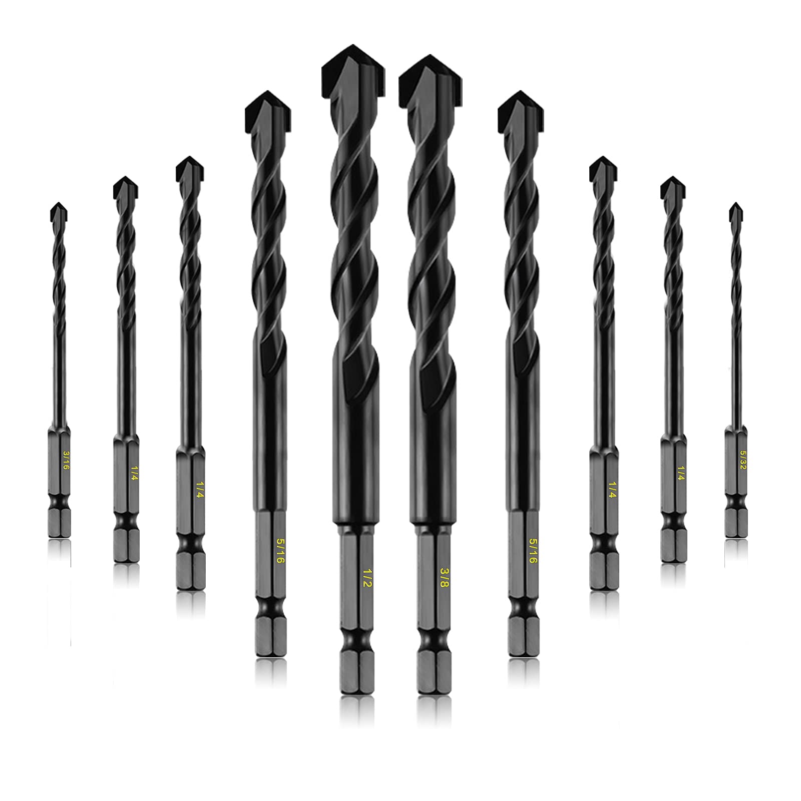 Photo 1 of 10-Piece Masonry Drill Bits Kit for Concrete, Stone, Carbide Drill Bit Set for Glass, Brick, Tile, Plastic, Ceramic and Wood Size 5/32 to 1/2 inch 10 Pcs Masonry Bits