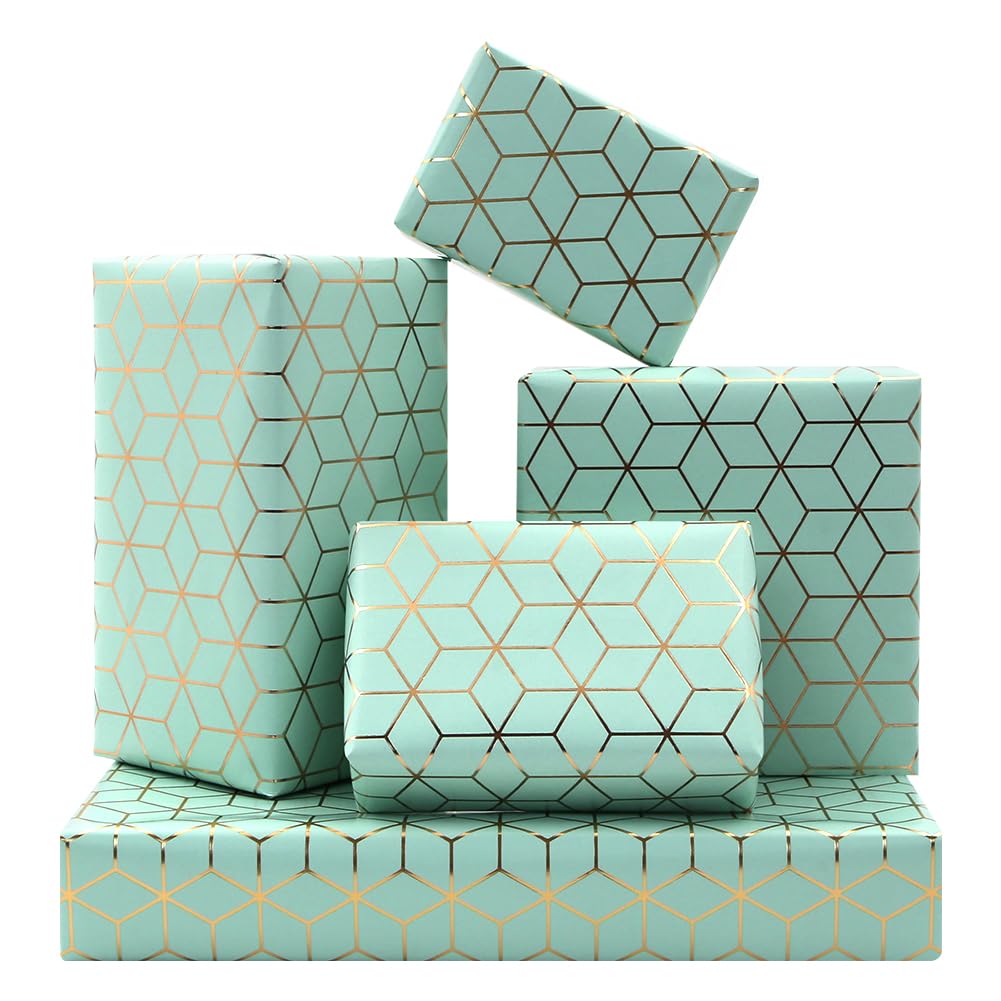 Elegant Luxurious Geometric Gift Wrapping Paper in Robin's Egg Blue With Gold Foil Abstract Rhombus Lattice For Wedding Birthday, Bridal Shower, Christmas - Folded Flat 50 x 70cm, 4 Sheets