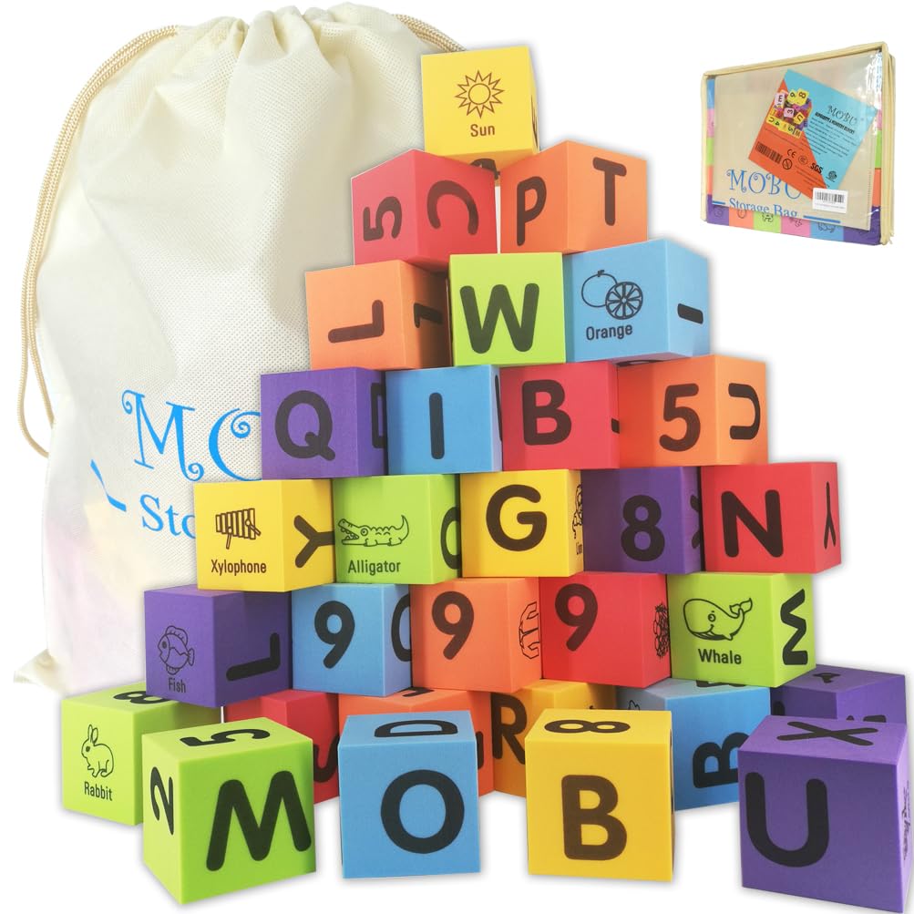 MOBU Foam Building Blocks 30PCS Learning Letters Alphabet Blocks Puzzle, Numbers Blocks, Stacking Blocks for Kids Toddlers