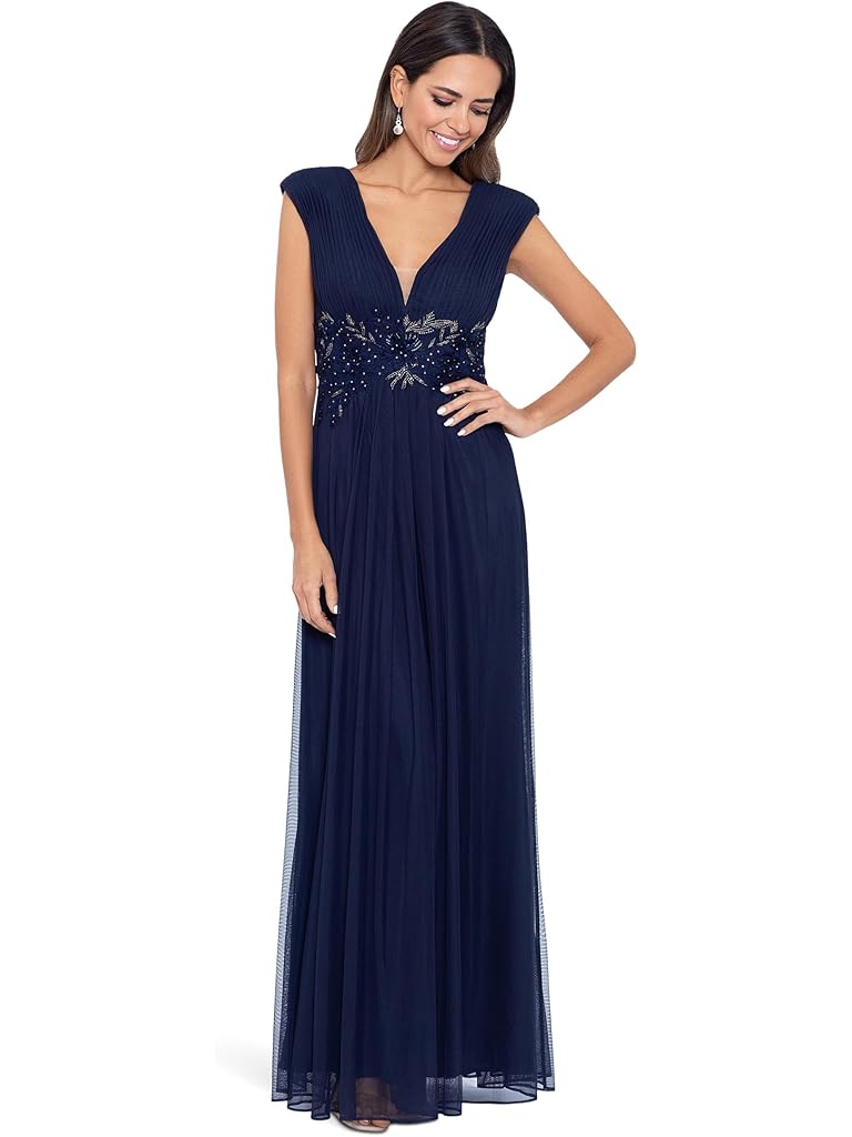 Betsy & Adam Long Chiffon Deep V Dress with Applique